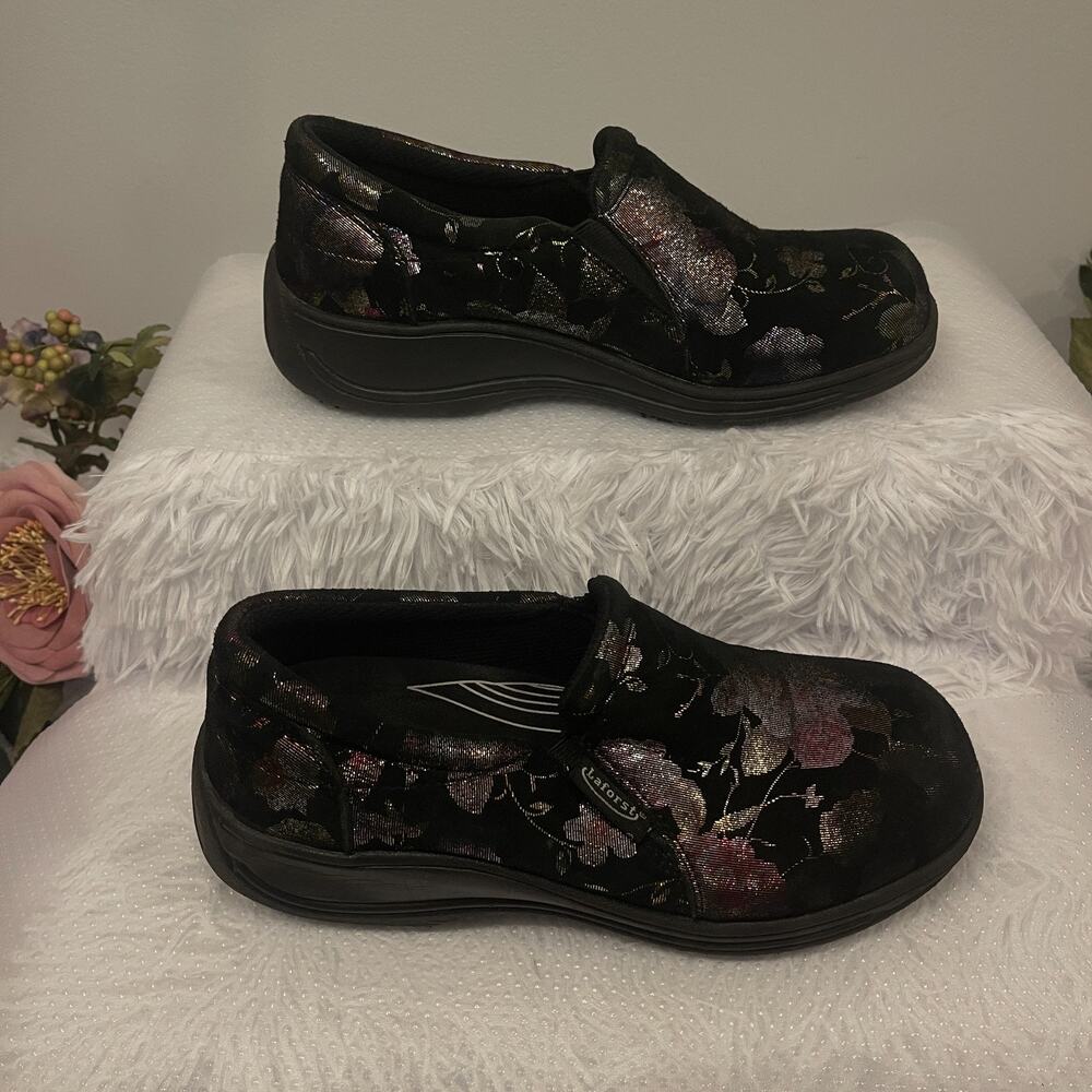 Laforst Floral Pattern Shoes Women's 6.5 Black Leather Comfort Slip-On Casual